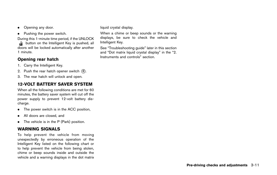 Volt battery saver system -11 warning signals -11 | NISSAN 2011 LEAF - Owner's Manual User Manual | Page 210 / 354