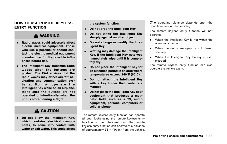 How to use remote keyless entry function -13, Warning, Caution | NISSAN 2011 LEAF - Owner's Manual User Manual | Page 212 / 354