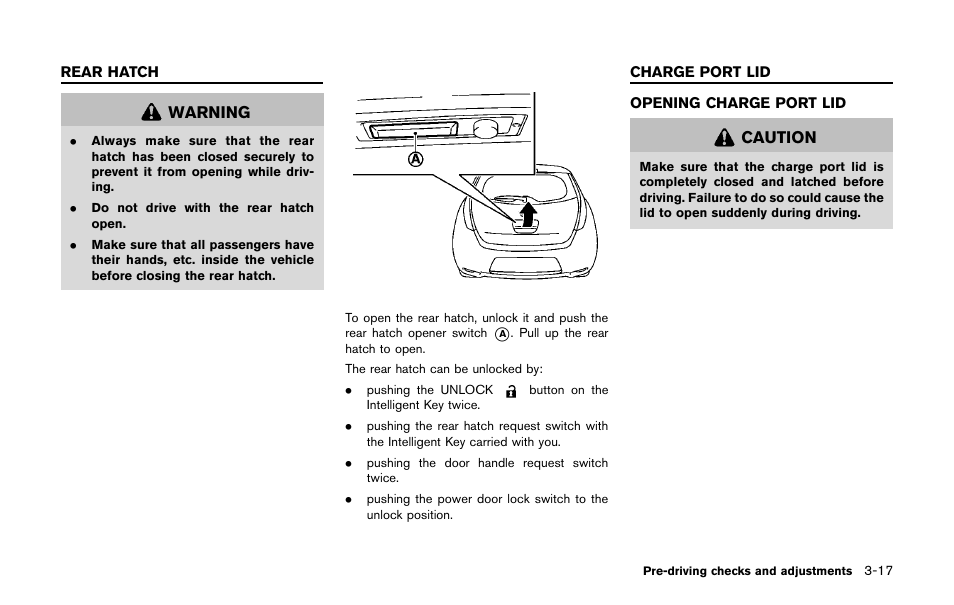 Rear hatch -17 charge port lid -17, Opening charge port lid -17 | NISSAN 2011 LEAF - Owner's Manual User Manual | Page 216 / 354