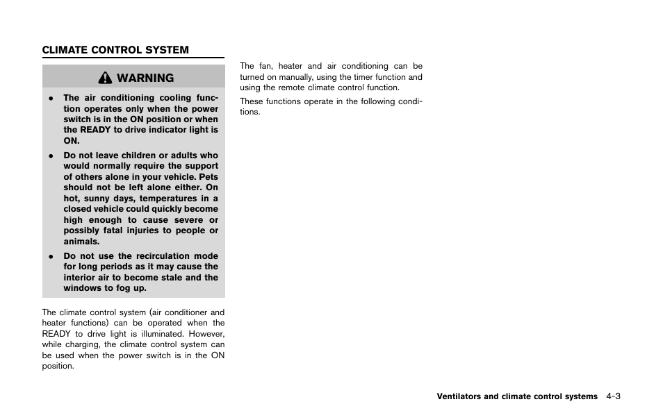 Climate control system -3, Warning | NISSAN 2011 LEAF - Owner's Manual User Manual | Page 224 / 354