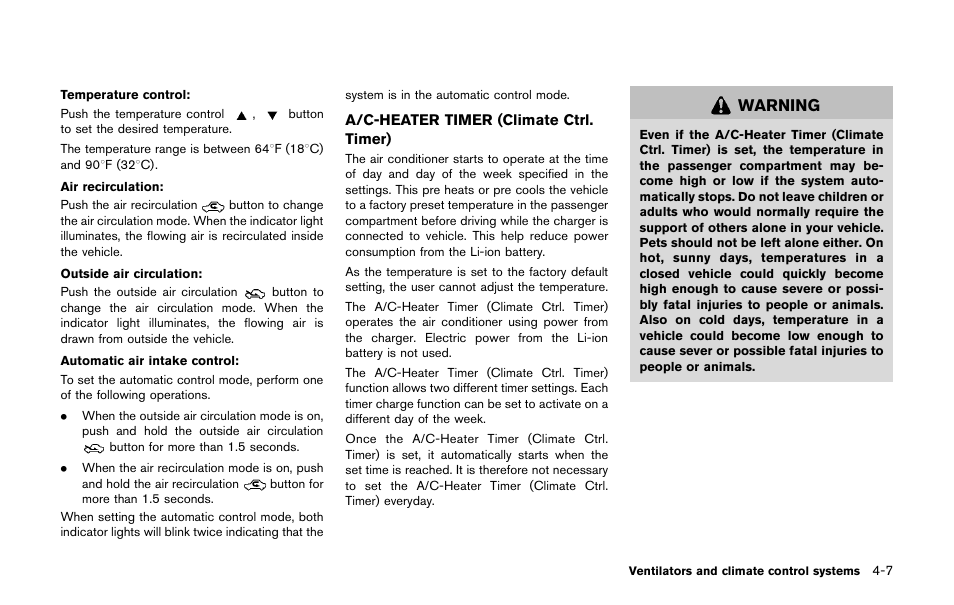 A/c-heater timer (climate ctrl. timer) -7, Warning | NISSAN 2011 LEAF - Owner's Manual User Manual | Page 228 / 354