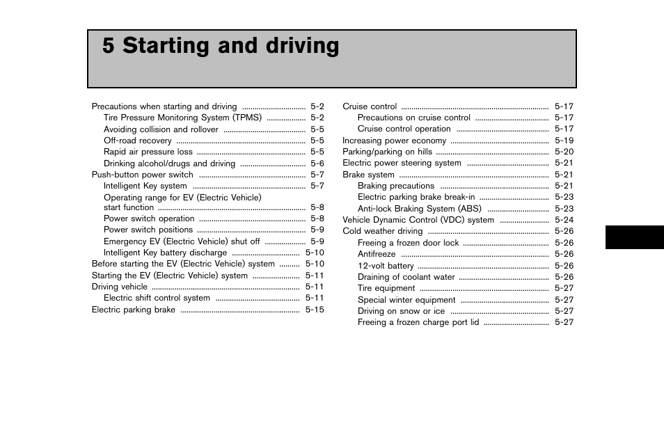 Starting and driving, 5 starting and driving | NISSAN 2011 LEAF - Owner's Manual User Manual | Page 236 / 354