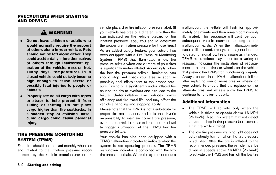 Precautions when starting and driving -2, Tire pressure monitoring system (tpms) -2 | NISSAN 2011 LEAF - Owner's Manual User Manual | Page 237 / 354