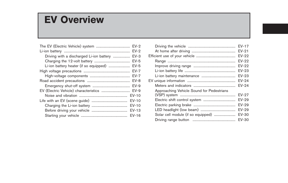 Ev overview | NISSAN 2011 LEAF - Owner's Manual User Manual | Page 24 / 354