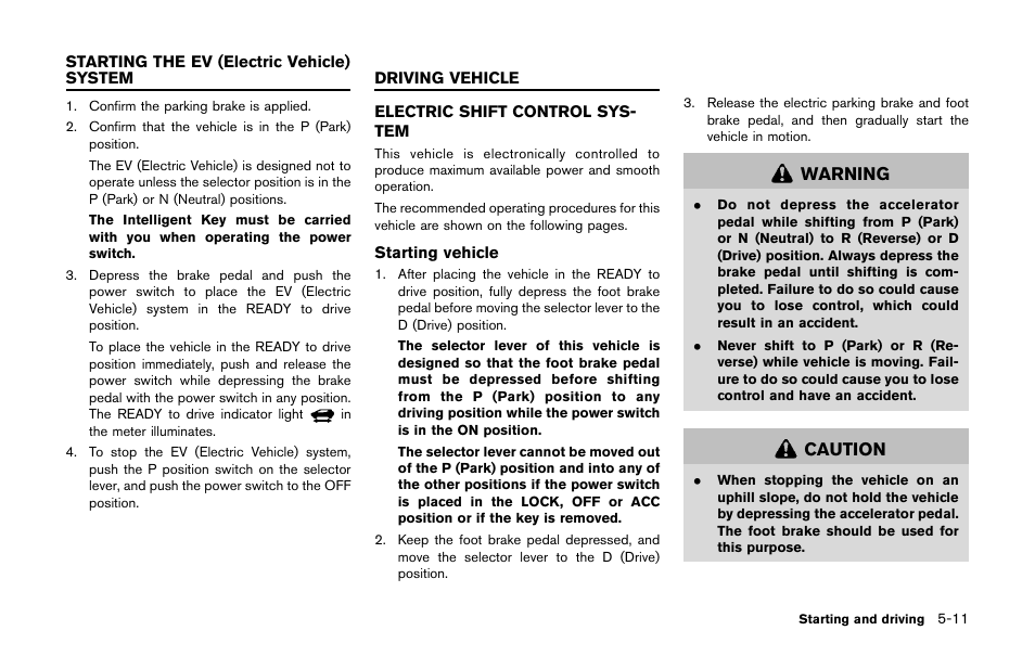 Electric shift control system -11 | NISSAN 2011 LEAF - Owner's Manual User Manual | Page 246 / 354