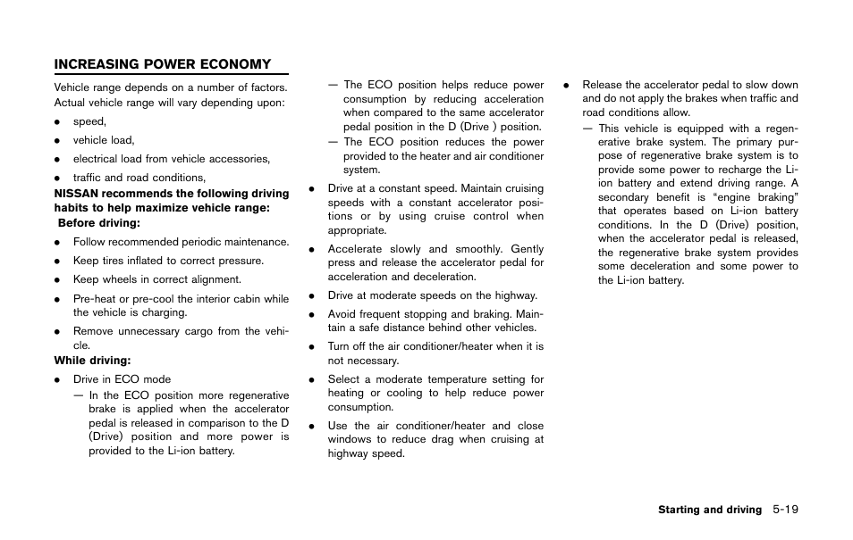 Increasing power economy -19 | NISSAN 2011 LEAF - Owner's Manual User Manual | Page 254 / 354