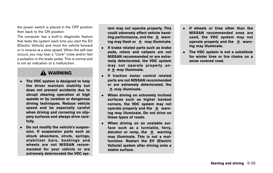 Warning | NISSAN 2011 LEAF - Owner's Manual User Manual | Page 260 / 354