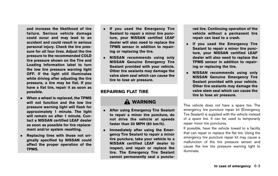 Repairing flat tire -3, Warning | NISSAN 2011 LEAF - Owner's Manual User Manual | Page 266 / 354