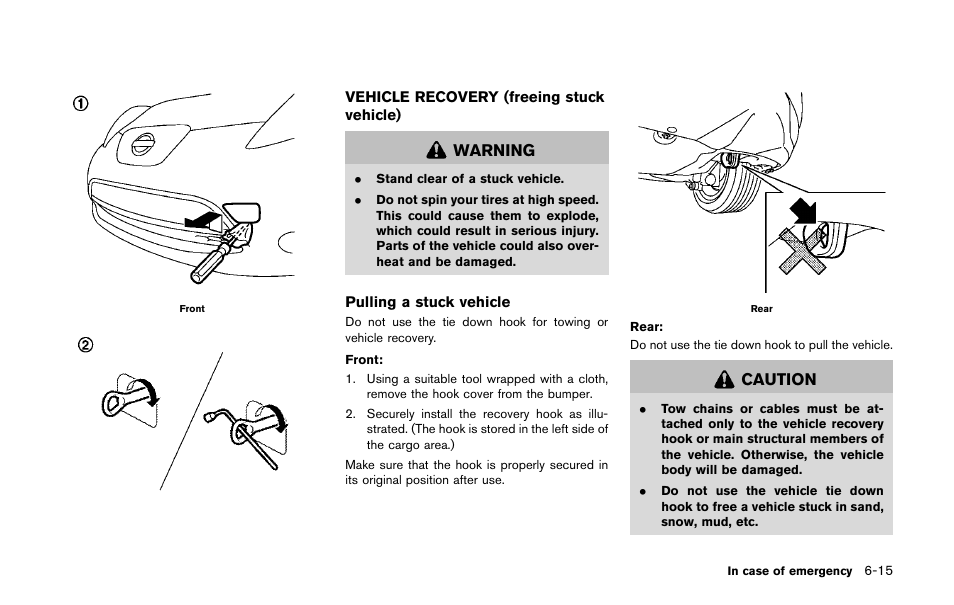 Vehicle recovery (freeing stuck vehicle) -15, Warning, Caution | NISSAN 2011 LEAF - Owner's Manual User Manual | Page 278 / 354