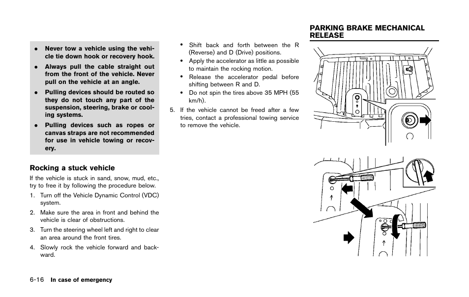 Parking brake mechanical release -16 | NISSAN 2011 LEAF - Owner's Manual User Manual | Page 279 / 354