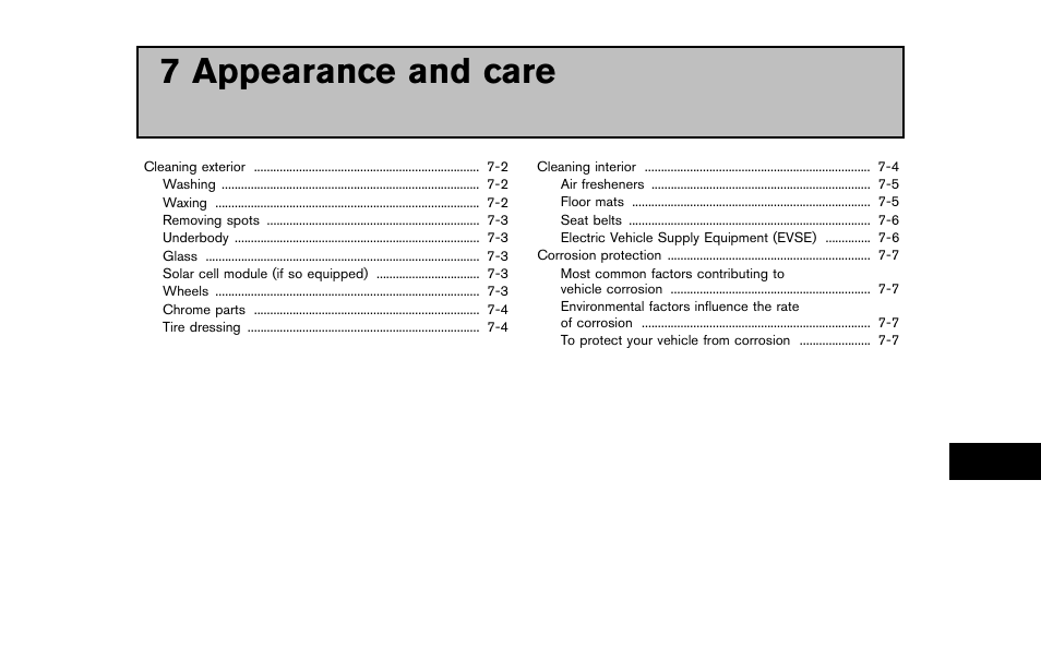 Appearance and care, 7 appearance and care | NISSAN 2011 LEAF - Owner's Manual User Manual | Page 282 / 354