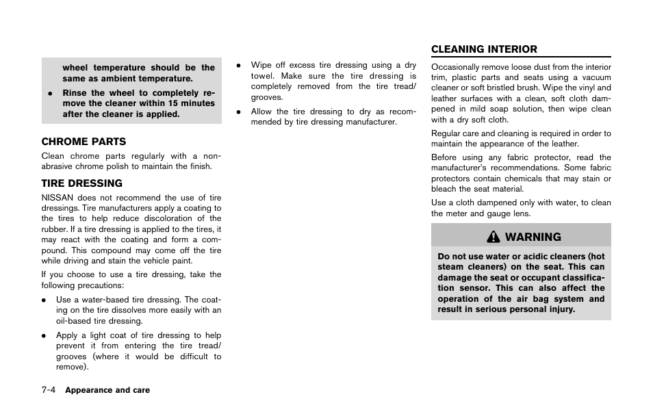 Chrome parts -4 tire dressing -4, Cleaning interior -4, Warning | NISSAN 2011 LEAF - Owner's Manual User Manual | Page 285 / 354