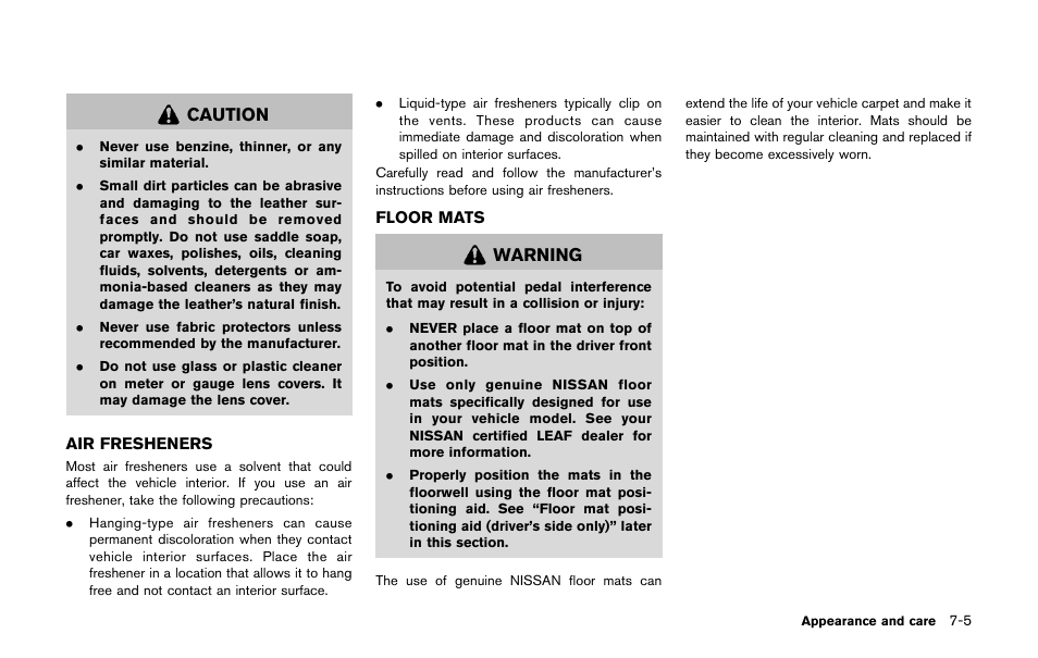 Air fresheners -5 floor mats -5, Caution, Warning | NISSAN 2011 LEAF - Owner's Manual User Manual | Page 286 / 354