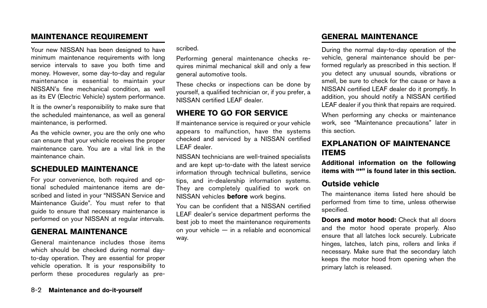 Maintenance requirement -2, General maintenance -2, Explanation of maintenance items -2 | NISSAN 2011 LEAF - Owner's Manual User Manual | Page 291 / 354