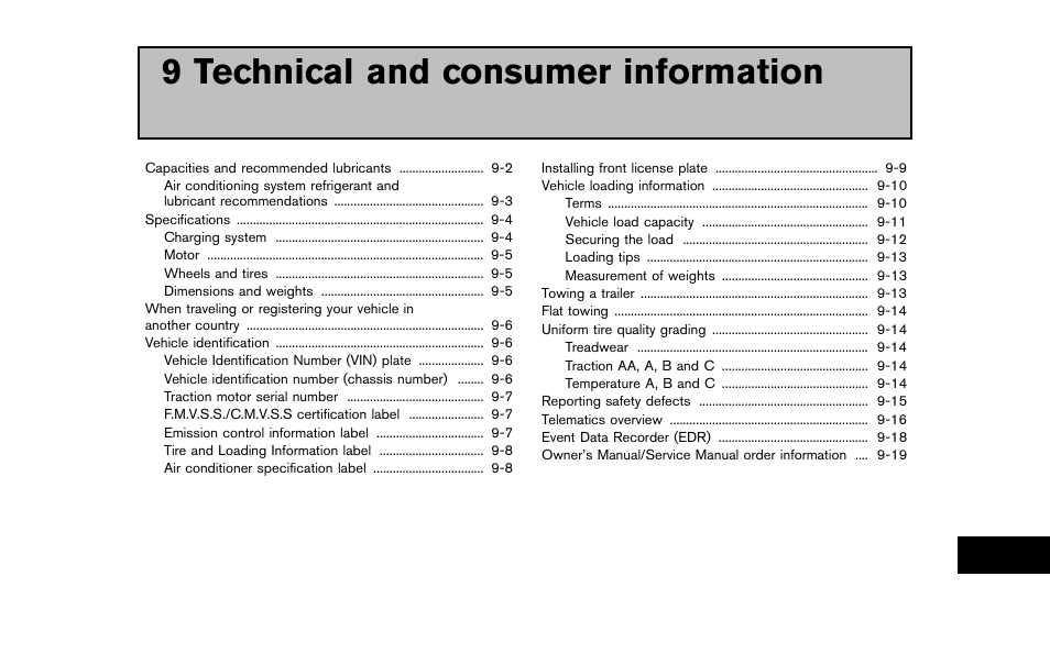 Technical and consumer information, 9 technical and consumer information | NISSAN 2011 LEAF - Owner's Manual User Manual | Page 324 / 354