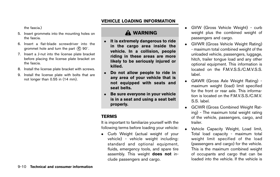 Vehicle loading information -10, Terms -10 | NISSAN 2011 LEAF - Owner's Manual User Manual | Page 333 / 354