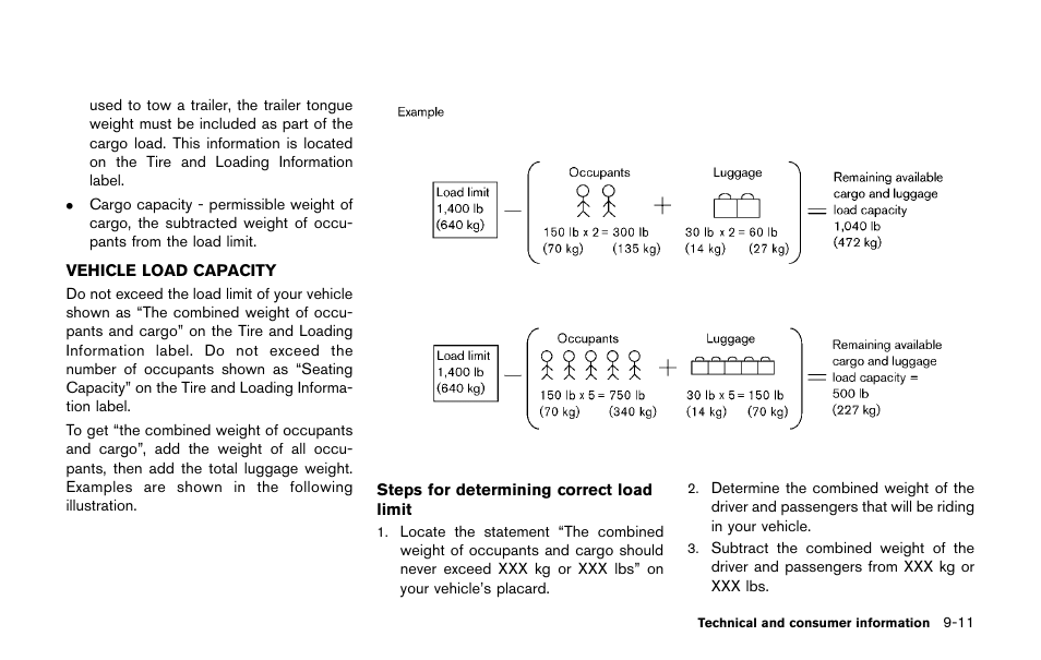 Vehicle load capacity -11 | NISSAN 2011 LEAF - Owner's Manual User Manual | Page 334 / 354