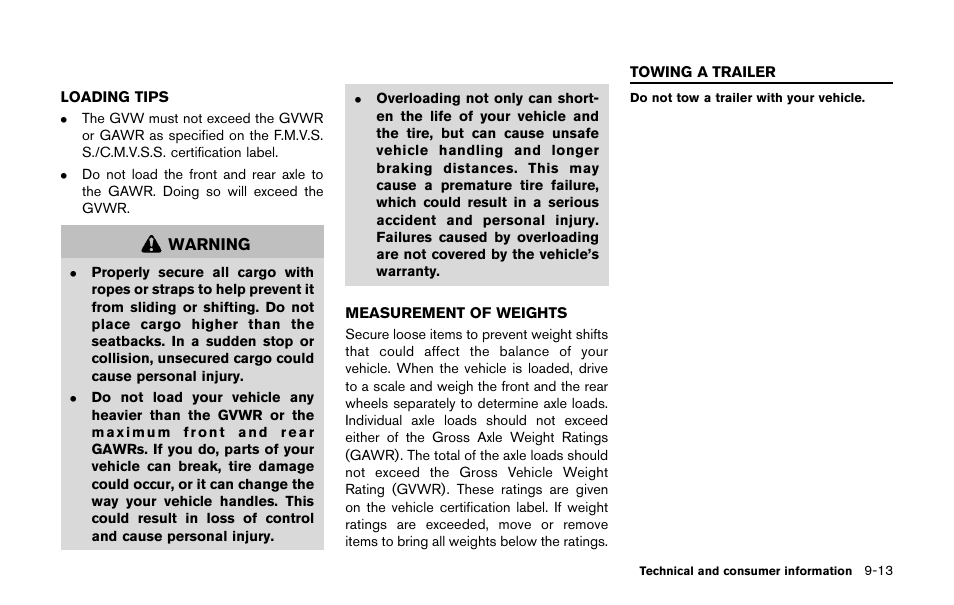 Loading tips -13 measurement of weights -13, Towing a trailer -13 | NISSAN 2011 LEAF - Owner's Manual User Manual | Page 336 / 354