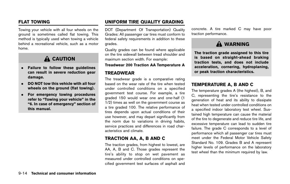 Flat towing -14 uniform tire quality grading -14 | NISSAN 2011 LEAF - Owner's Manual User Manual | Page 337 / 354