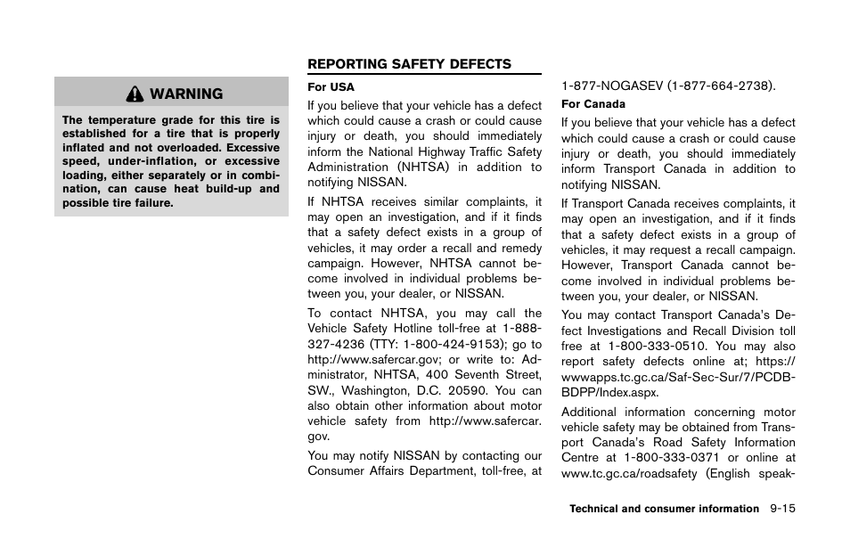 Reporting safety defects -15 | NISSAN 2011 LEAF - Owner's Manual User Manual | Page 338 / 354