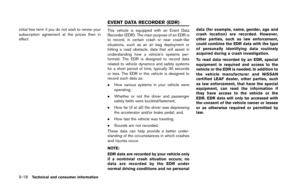 Event data recorder (edr) -18 | NISSAN 2011 LEAF - Owner's Manual User Manual | Page 341 / 354