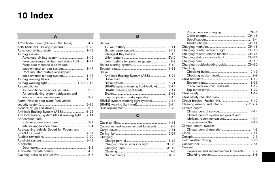 Index, 10 index | NISSAN 2011 LEAF - Owner's Manual User Manual | Page 344 / 354