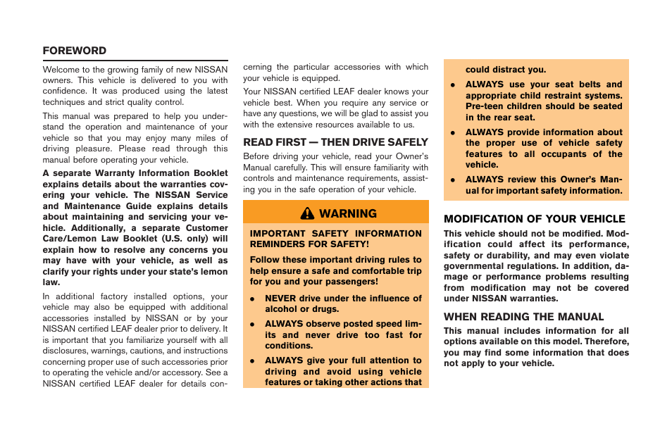 NISSAN 2011 LEAF - Owner's Manual User Manual | Page 7 / 354