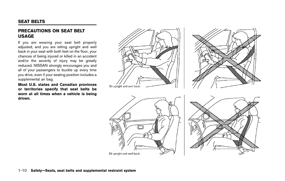 Seat belts -10, Precautions on seat belt usage -10 | NISSAN 2011 LEAF - Owner's Manual User Manual | Page 95 / 354