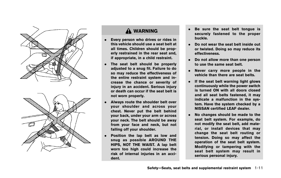 Warning | NISSAN 2011 LEAF - Owner's Manual User Manual | Page 96 / 354