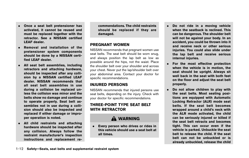 Warning | NISSAN 2011 LEAF - Owner's Manual User Manual | Page 97 / 354