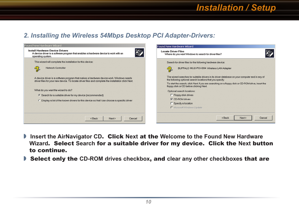 Installation / setup | Buffalo Technology Buffalo AirStation WLI2-PCI-G54S User Manual | Page 10 / 40