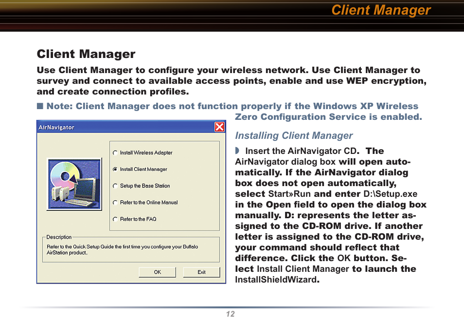 Client manager | Buffalo Technology Buffalo AirStation WLI2-PCI-G54S User Manual | Page 12 / 40