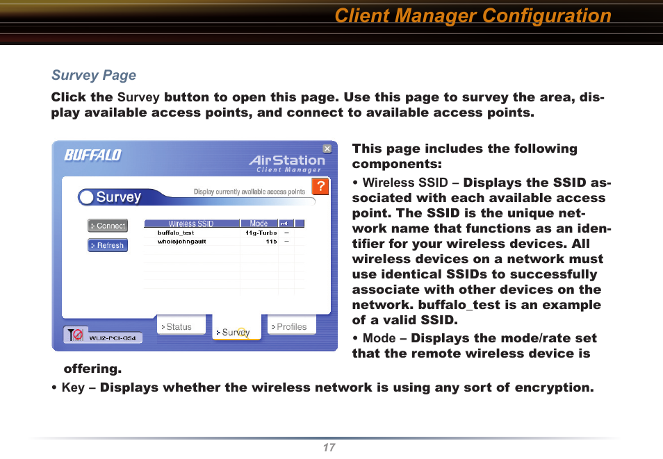 Client manager conﬁguration | Buffalo Technology Buffalo AirStation WLI2-PCI-G54S User Manual | Page 17 / 40