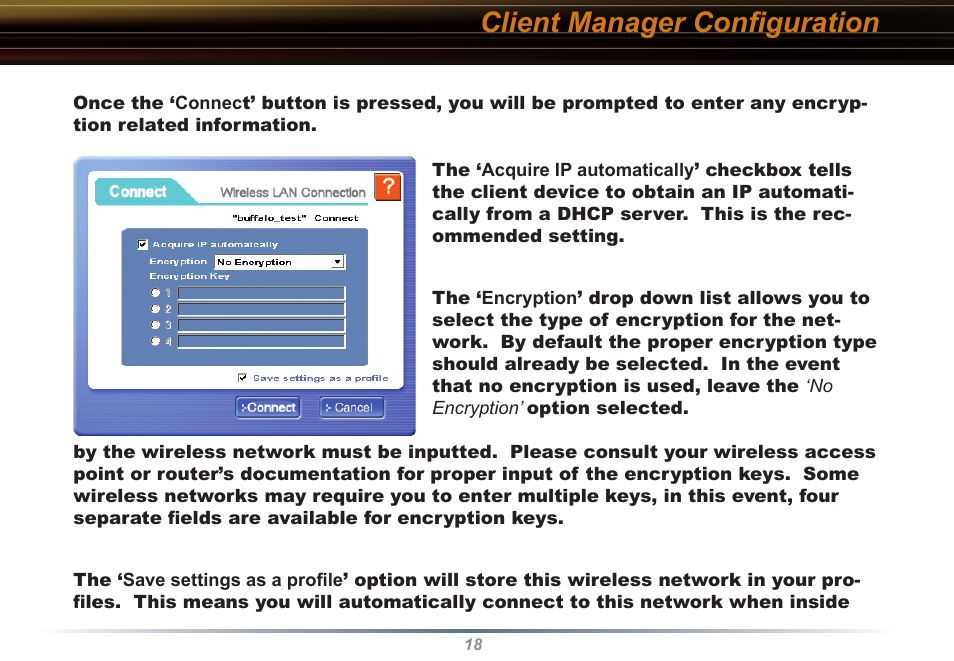 Client manager conﬁguration | Buffalo Technology Buffalo AirStation WLI2-PCI-G54S User Manual | Page 18 / 40