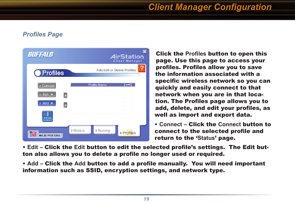 Client manager conﬁguration | Buffalo Technology Buffalo AirStation WLI2-PCI-G54S User Manual | Page 19 / 40