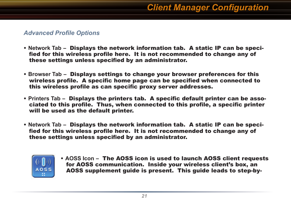 Client manager conﬁguration | Buffalo Technology Buffalo AirStation WLI2-PCI-G54S User Manual | Page 21 / 40