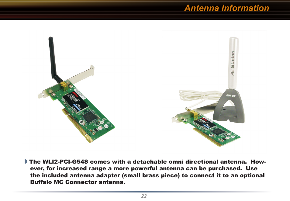Antenna information | Buffalo Technology Buffalo AirStation WLI2-PCI-G54S User Manual | Page 22 / 40