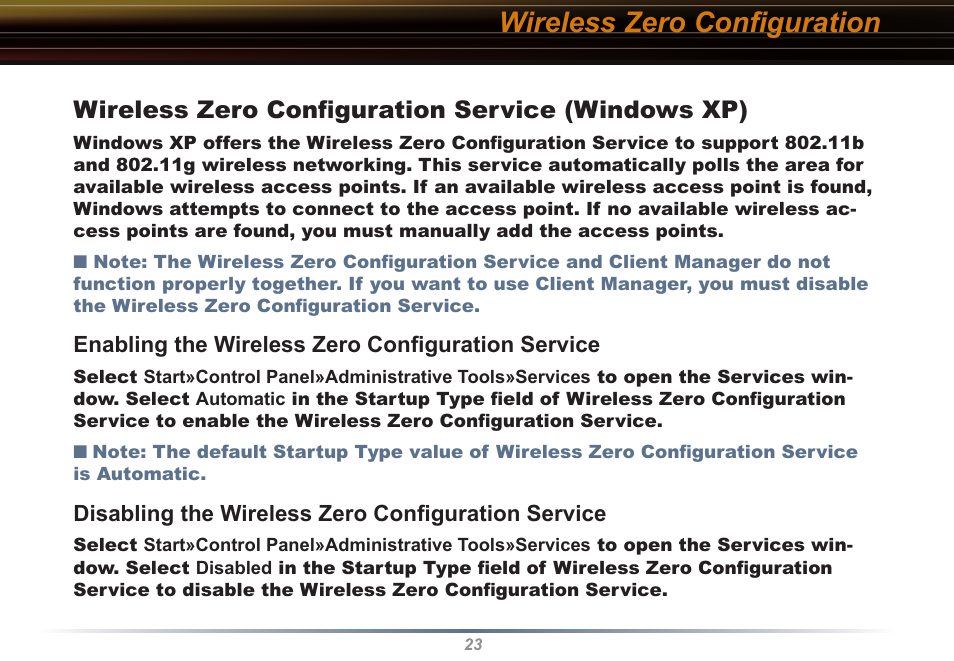 Wireless zero conﬁguration, Wireless zero conﬁguration service (windows xp) | Buffalo Technology Buffalo AirStation WLI2-PCI-G54S User Manual | Page 23 / 40