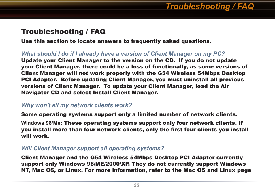 Troubleshooting / faq | Buffalo Technology Buffalo AirStation WLI2-PCI-G54S User Manual | Page 26 / 40