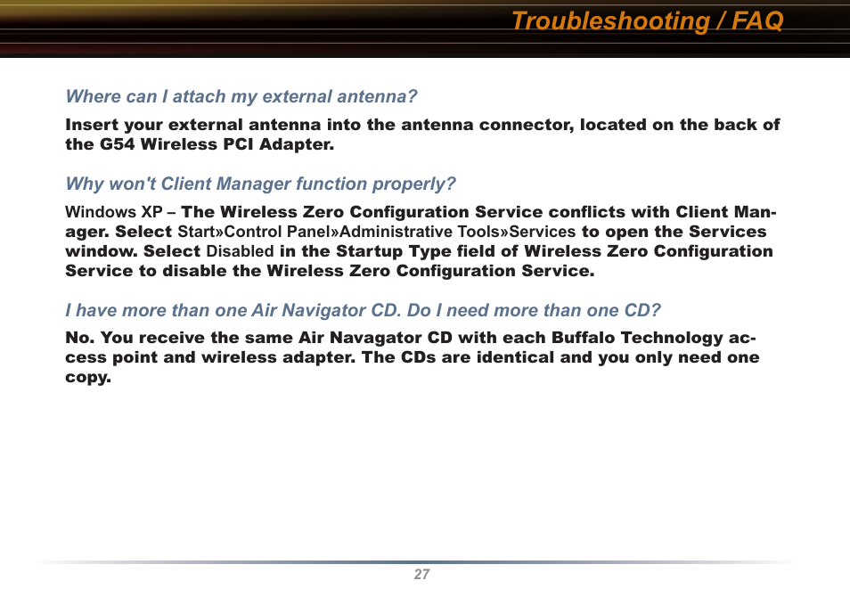 Troubleshooting / faq | Buffalo Technology Buffalo AirStation WLI2-PCI-G54S User Manual | Page 27 / 40