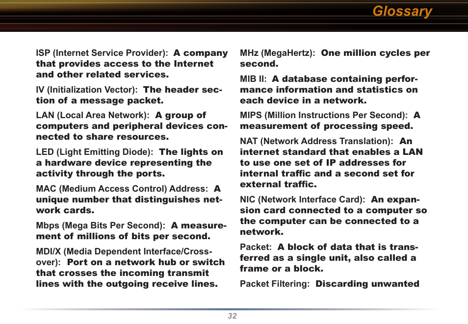 Glossary | Buffalo Technology Buffalo AirStation WLI2-PCI-G54S User Manual | Page 32 / 40