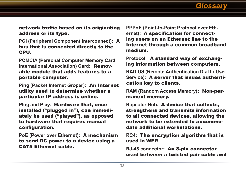 Glossary | Buffalo Technology Buffalo AirStation WLI2-PCI-G54S User Manual | Page 33 / 40