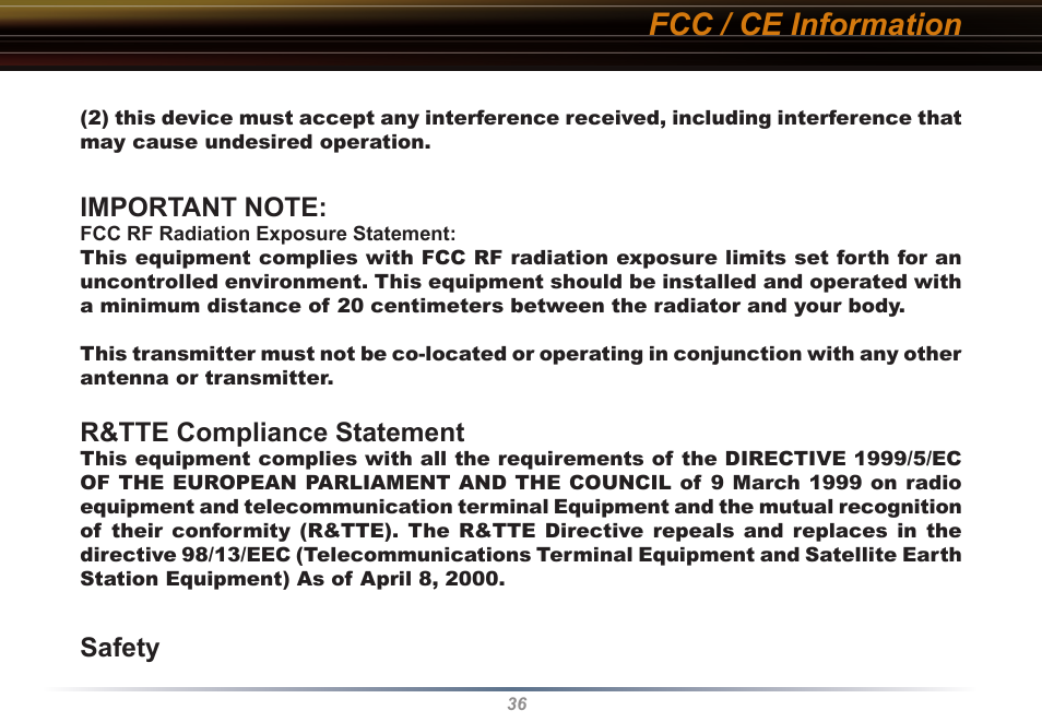 Fcc / ce information, R&tte compliance statement, Safety | Buffalo Technology Buffalo AirStation WLI2-PCI-G54S User Manual | Page 36 / 40