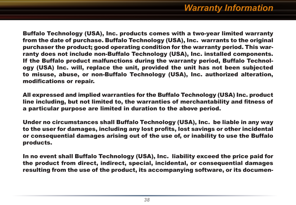 Warranty information | Buffalo Technology Buffalo AirStation WLI2-PCI-G54S User Manual | Page 38 / 40