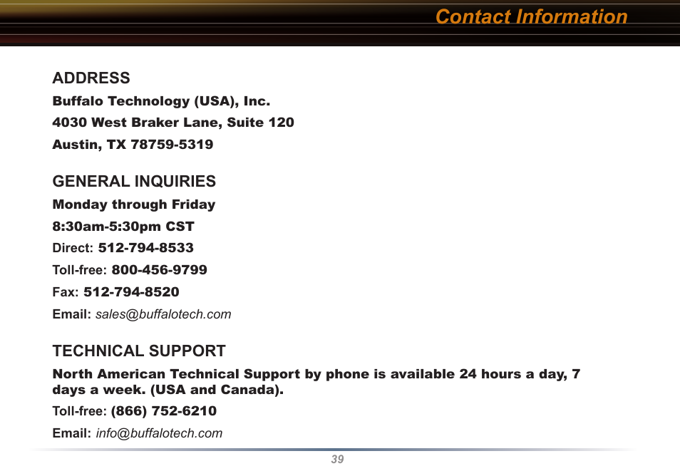 Contact information | Buffalo Technology Buffalo AirStation WLI2-PCI-G54S User Manual | Page 39 / 40