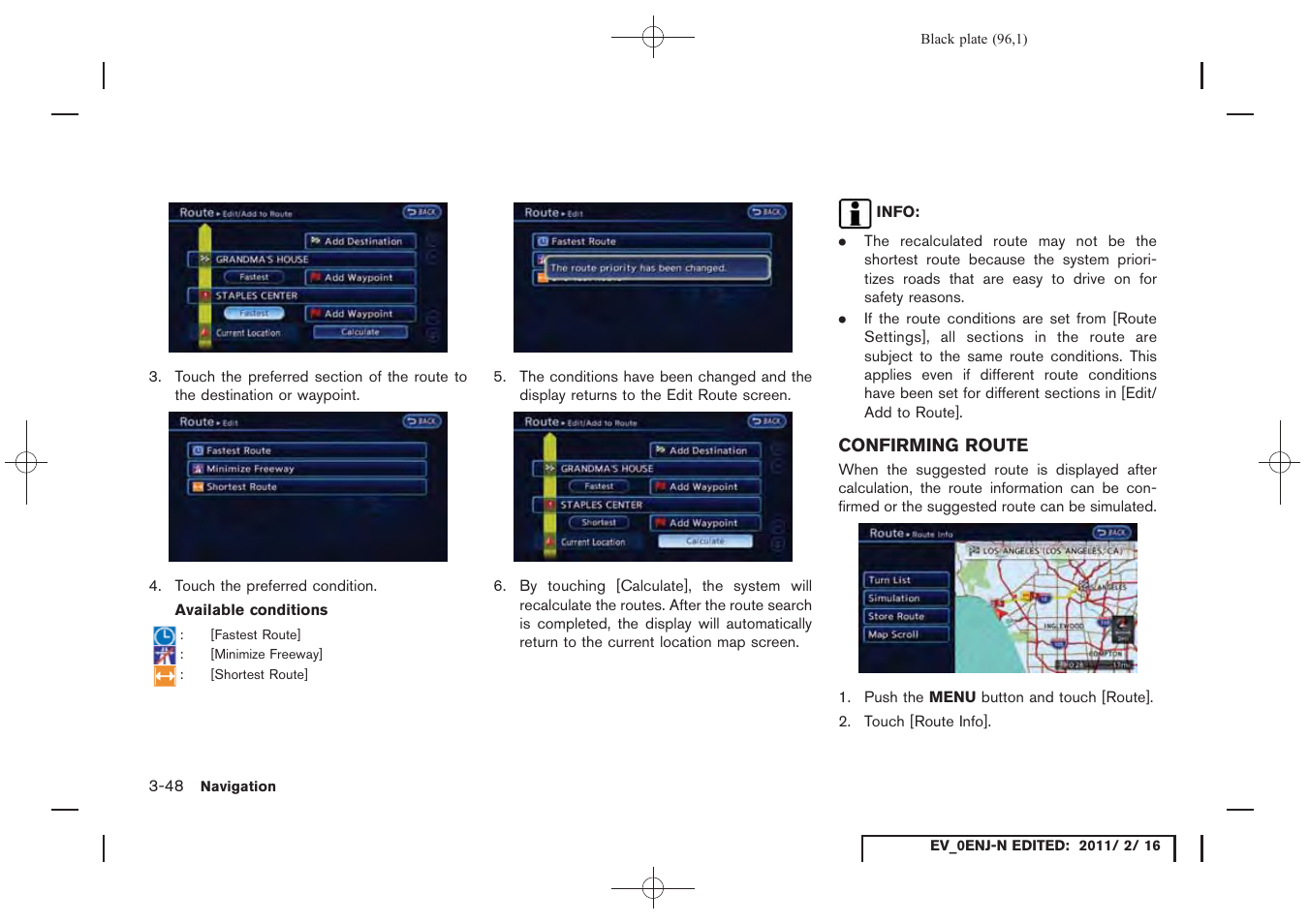 Confirming route -48 | NISSAN 2011 LEAF - Navigation System Owner's Manual User Manual | Page 102 / 259