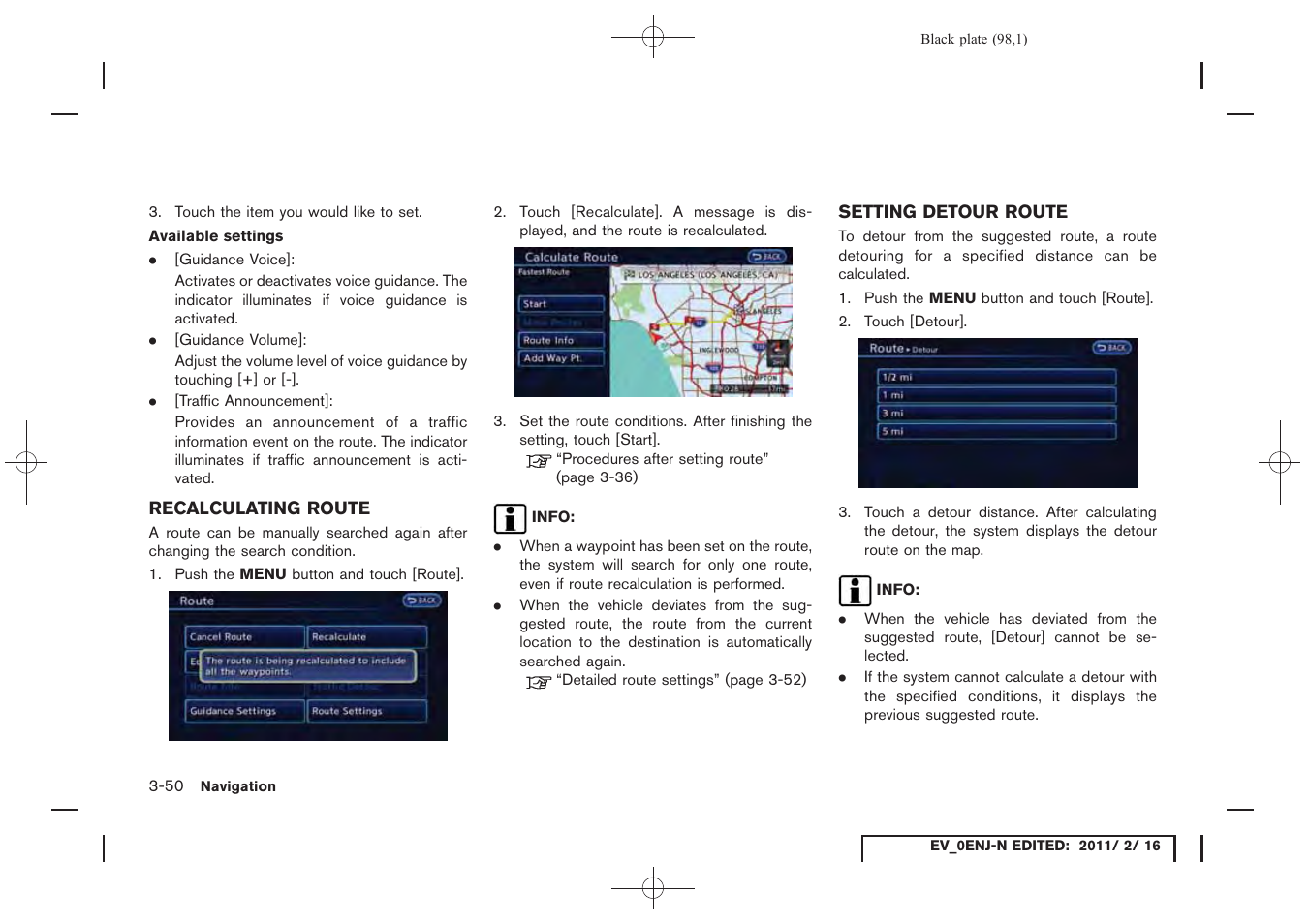 Recalculating route -50 setting detour route -50 | NISSAN 2011 LEAF - Navigation System Owner's Manual User Manual | Page 104 / 259
