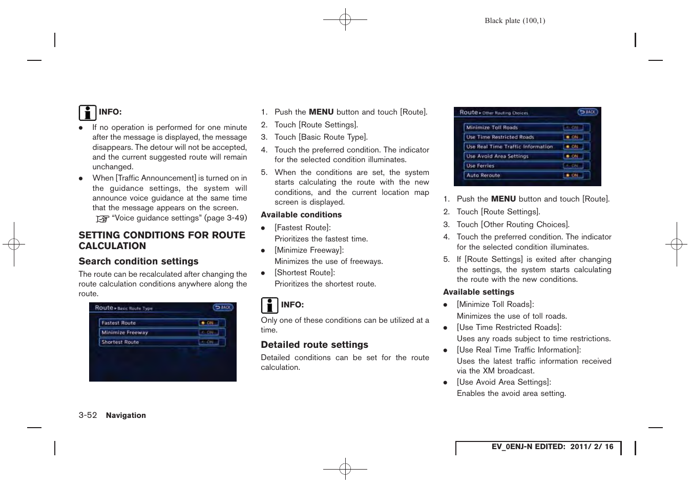 Setting conditions for route calculation -52 | NISSAN 2011 LEAF - Navigation System Owner's Manual User Manual | Page 106 / 259
