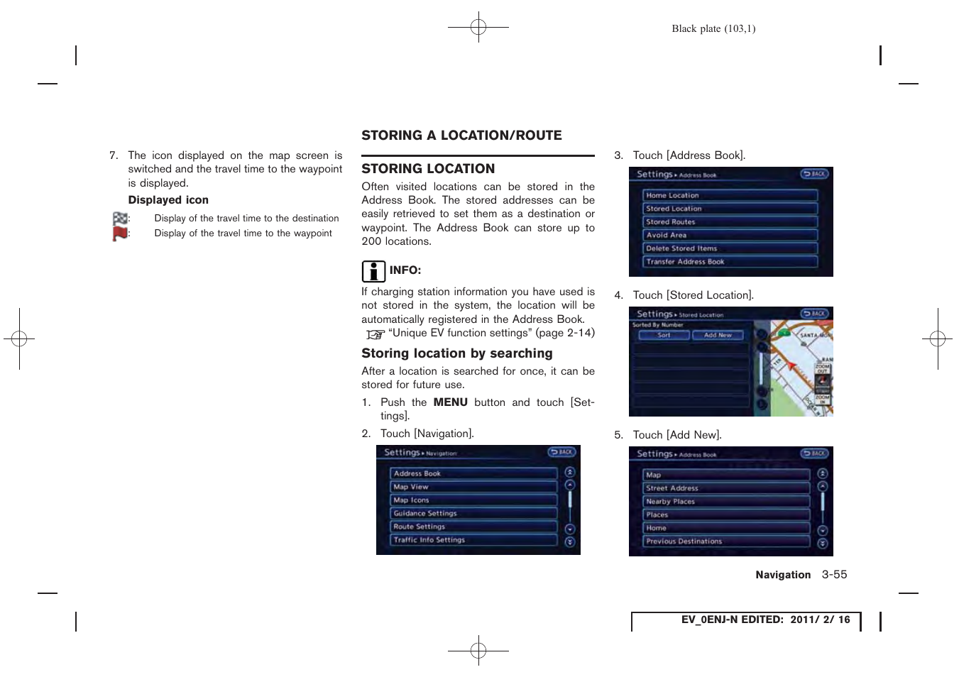 Storing a location/route -55, Storing location -55 | NISSAN 2011 LEAF - Navigation System Owner's Manual User Manual | Page 109 / 259