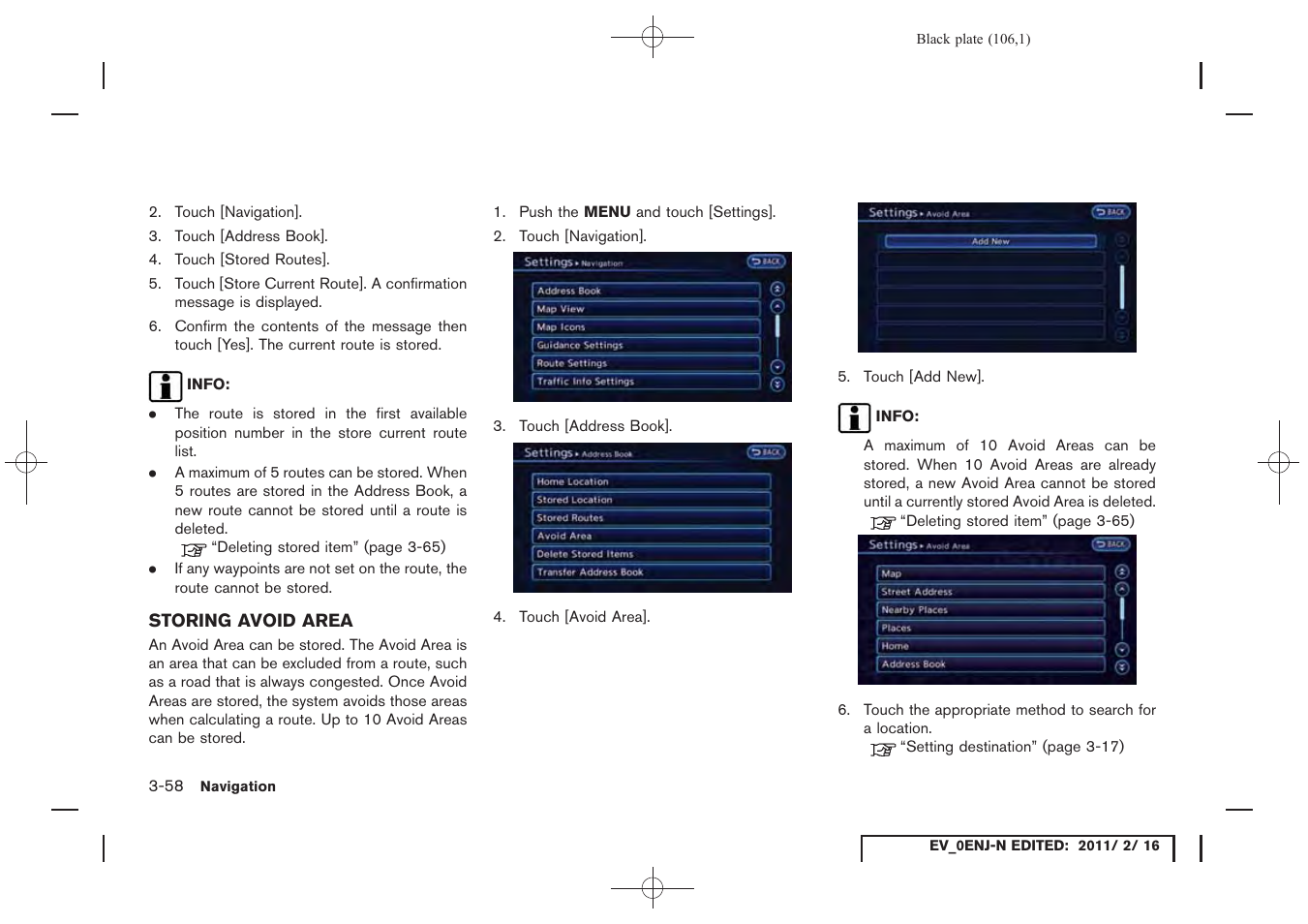 Storing avoid area -58 | NISSAN 2011 LEAF - Navigation System Owner's Manual User Manual | Page 112 / 259